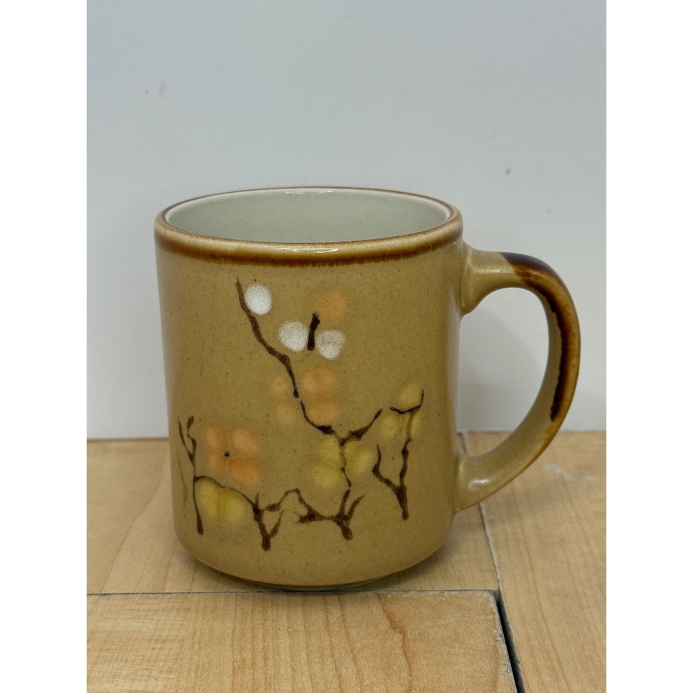 Sunnycraft Stoneware Coffee Mug Hand Decorated Floral Tan Brown Korea 21136